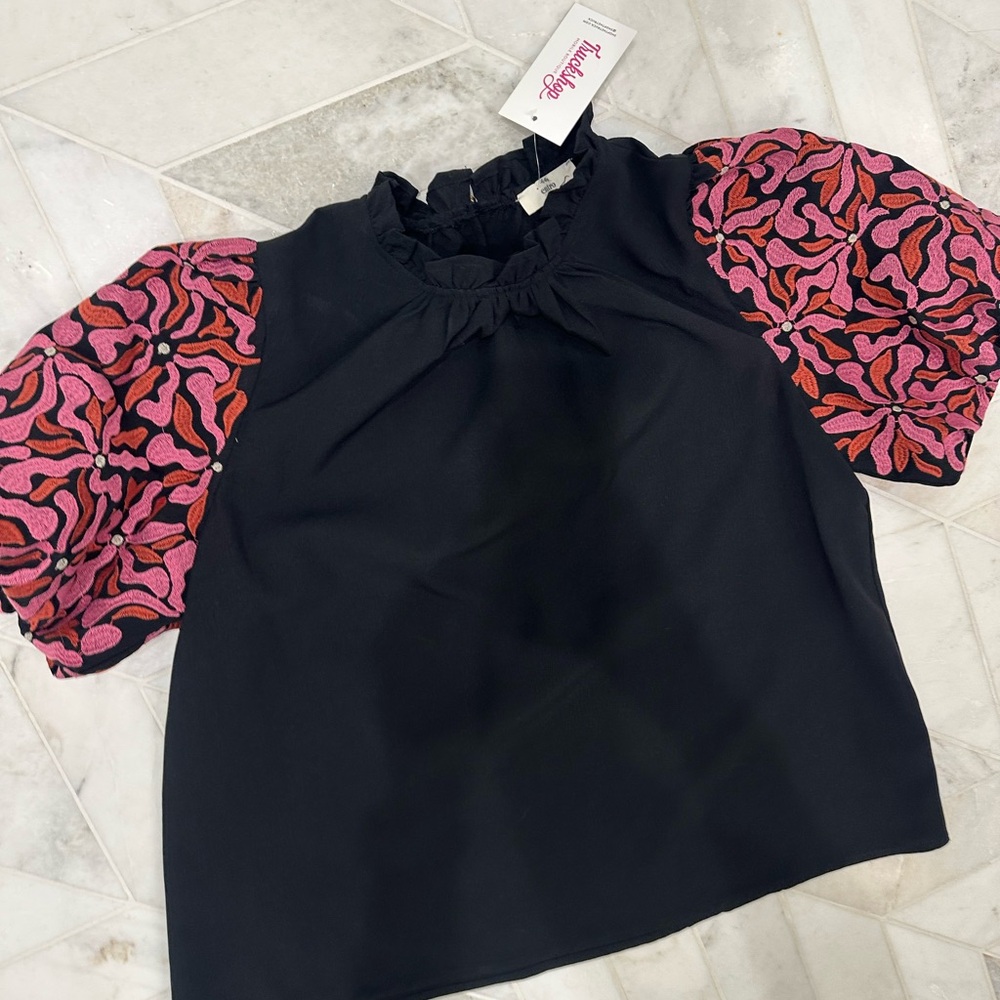 Entro Black Blouse with Pink Patterned Sleeves